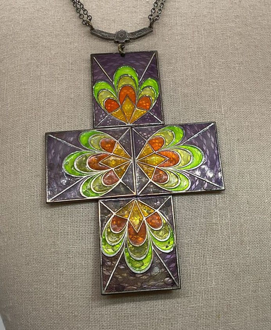 VTG. Artisan Cloisonne Enamel Stain Glass Style Large Cross Pendant Necklace