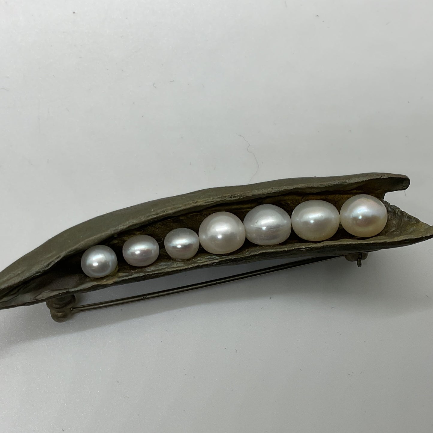 VTG. MICHAEL MICHAUD 7 Pearl Peapod Brooch Hand Patina Bronze- 3.25"