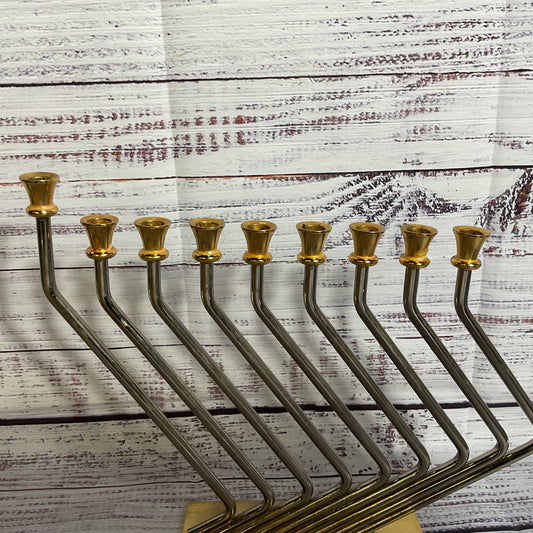VTG. Mid Century KARSHI 24K Gold Plated and Stainless Steel Menorah- 8" x 9.5"