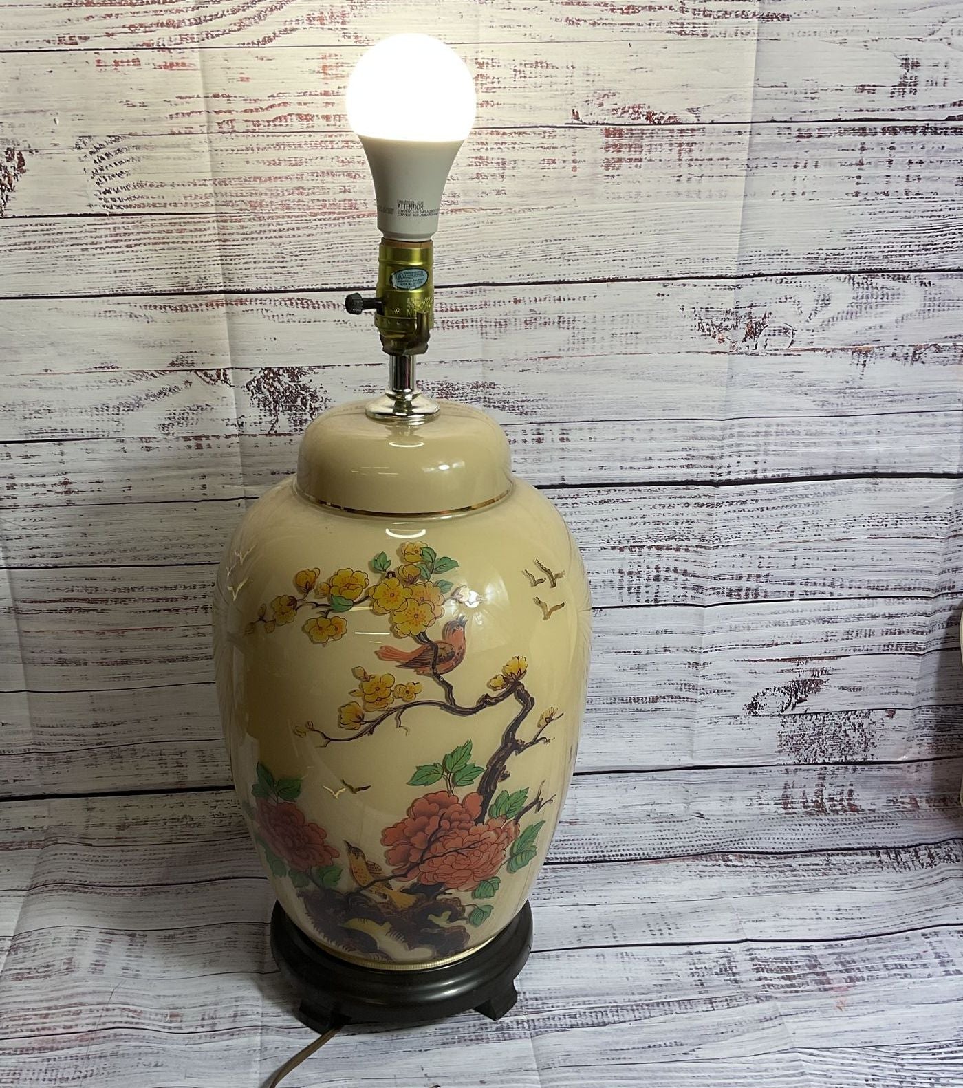 VTG. Asian Oriental Ginger Jar Floral & Birds Table Lamp - 20"