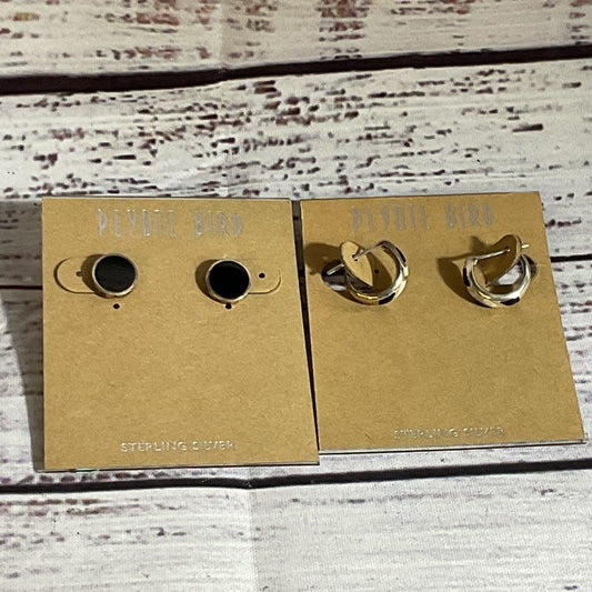 Set of 2 PEYOTE BIRD Sterling Silver Stud & Hoop Onyx Mother of Pearl Earrings