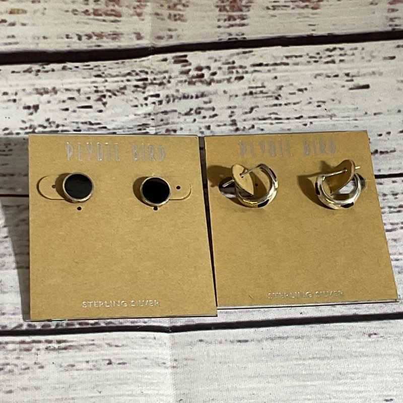 Set of 2 PEYOTE BIRD Sterling Silver Stud & Hoop Onyx Mother of Pearl Earrings