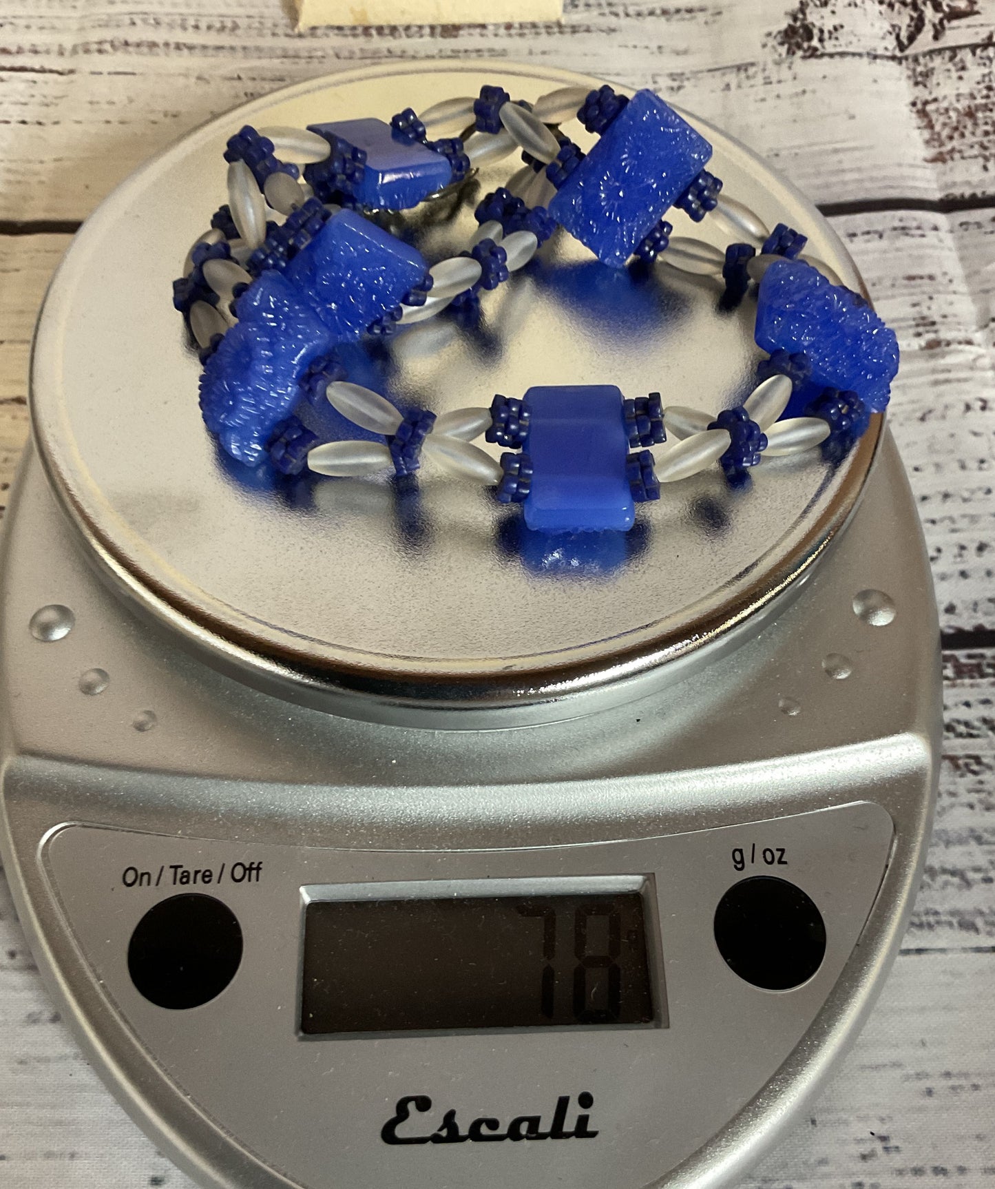 Carved Blue Glass Beaded Necklace Silver Clasp