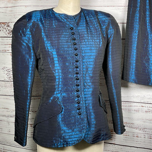 VTG. VICTOR COSTA Women's Satin Blue Skirt Suit- SZ 14