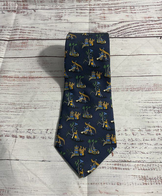 Salvatore Ferragamo Men's Blue 100% Silk Asian Culture Print Made in Italy