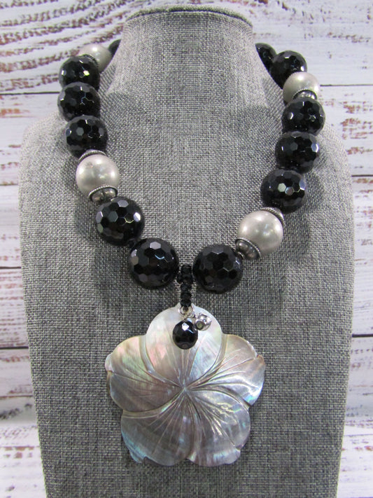 Faceted Onyx Beaded Necklace With Floral Carved Mother of Pearl Pendant