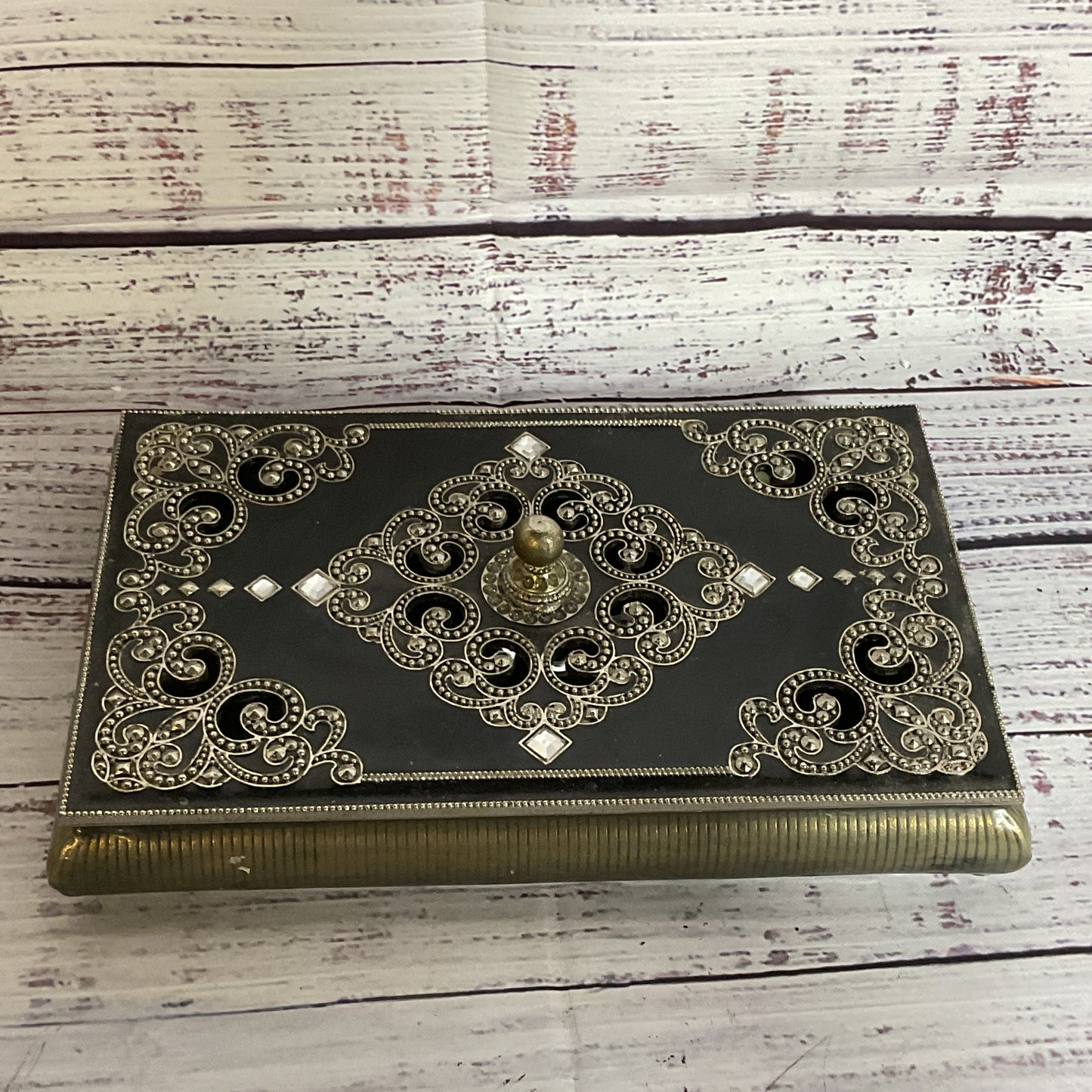 VTG. Ornate Enamel Mirrored Metal Jewelry Trinket Box-4.5" x 7.25"