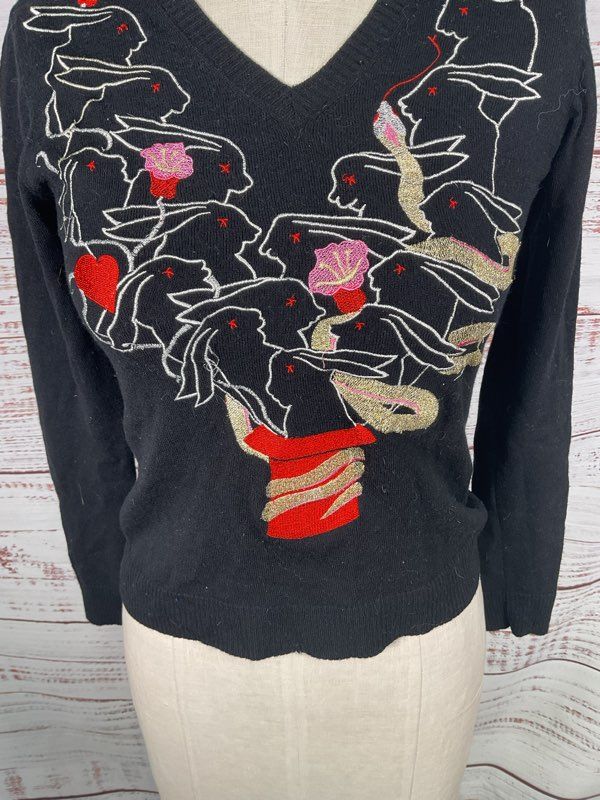 Mala Brajkovic Women's Rabbits out of the Hat Embroidered Wool Sweater Size 10