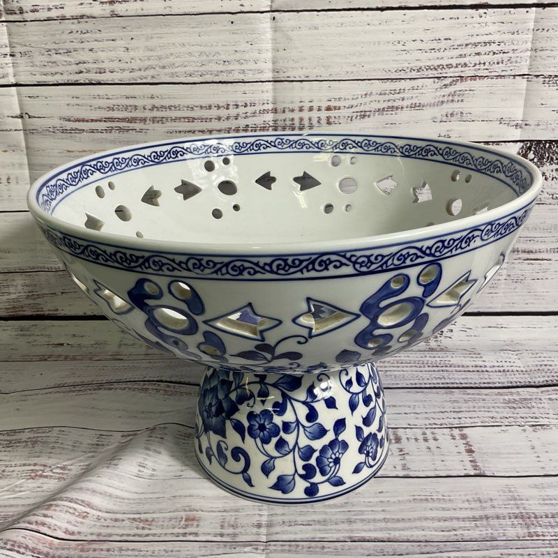 VTG. BOMBAY Blue White Pierced Pedestal Bowl- 8" x 11"