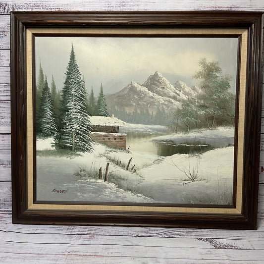 Winter Landscape Cabin By Lake Mountain Oil on canvas Painting Emerson Signed