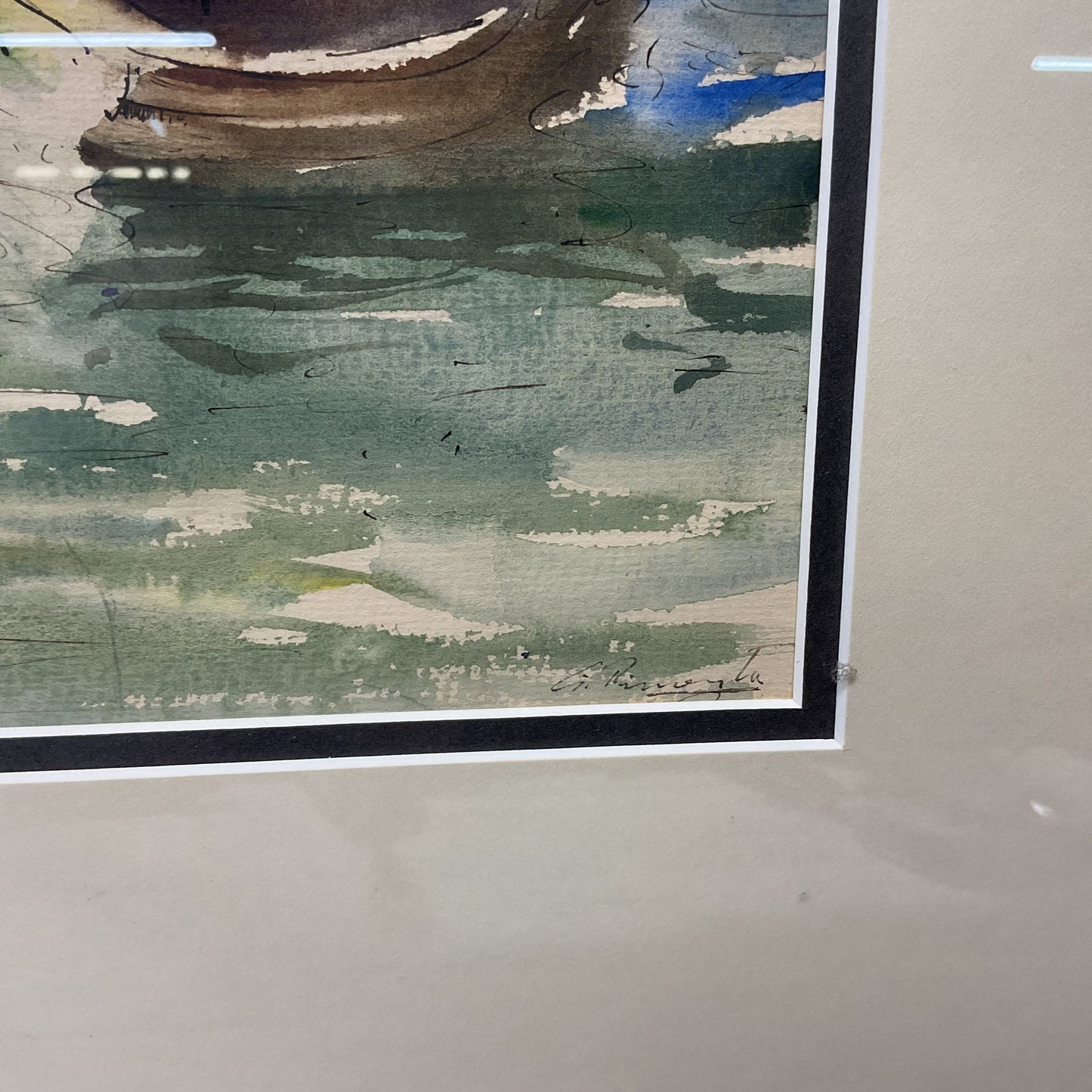 Fishermen Standing Working in Front of Boats Watercolor by G. Pimenta? Signed.