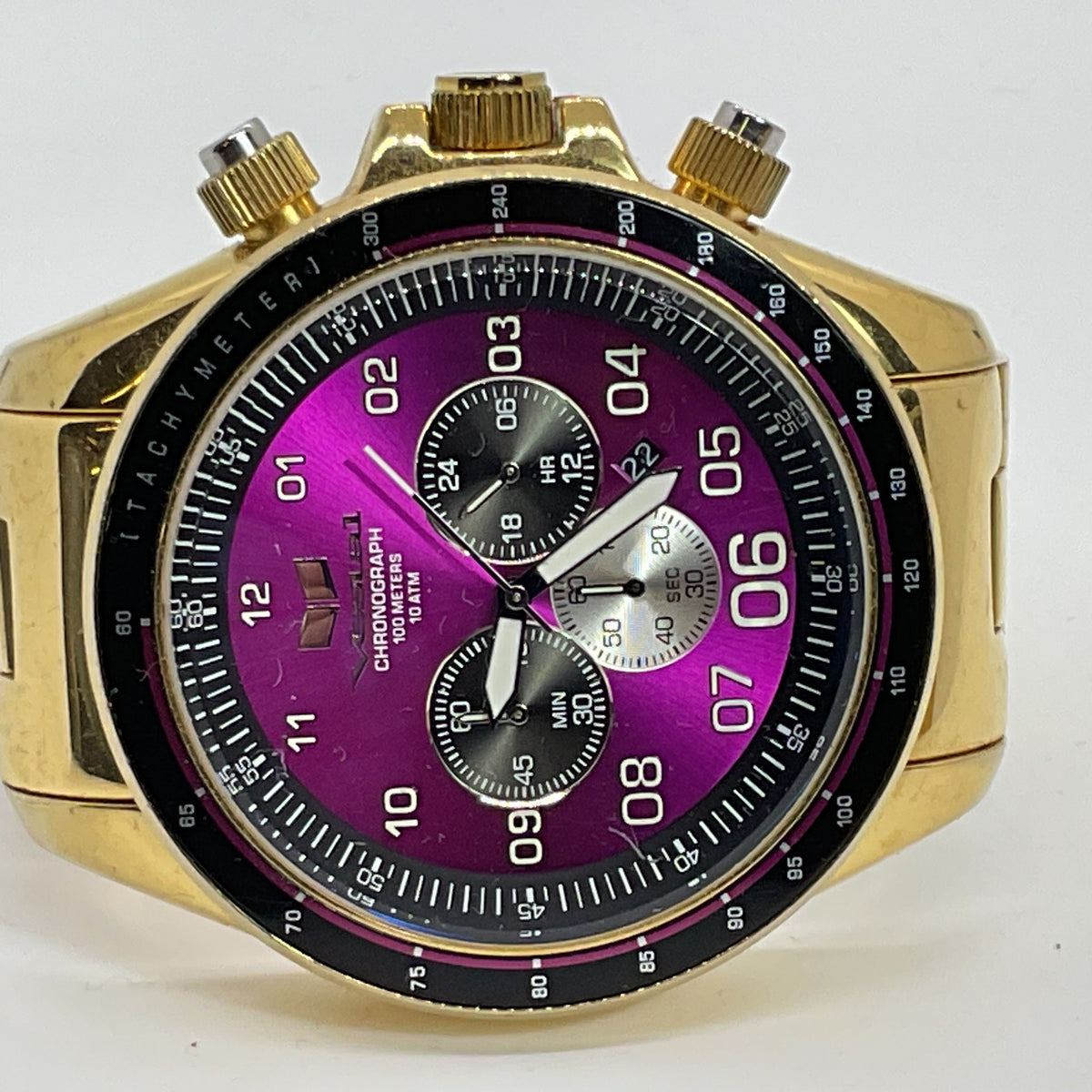 VESTAL ZR3 Men's Gold Tone Purple Dial Quartz Chronograph Date Watch- 7"