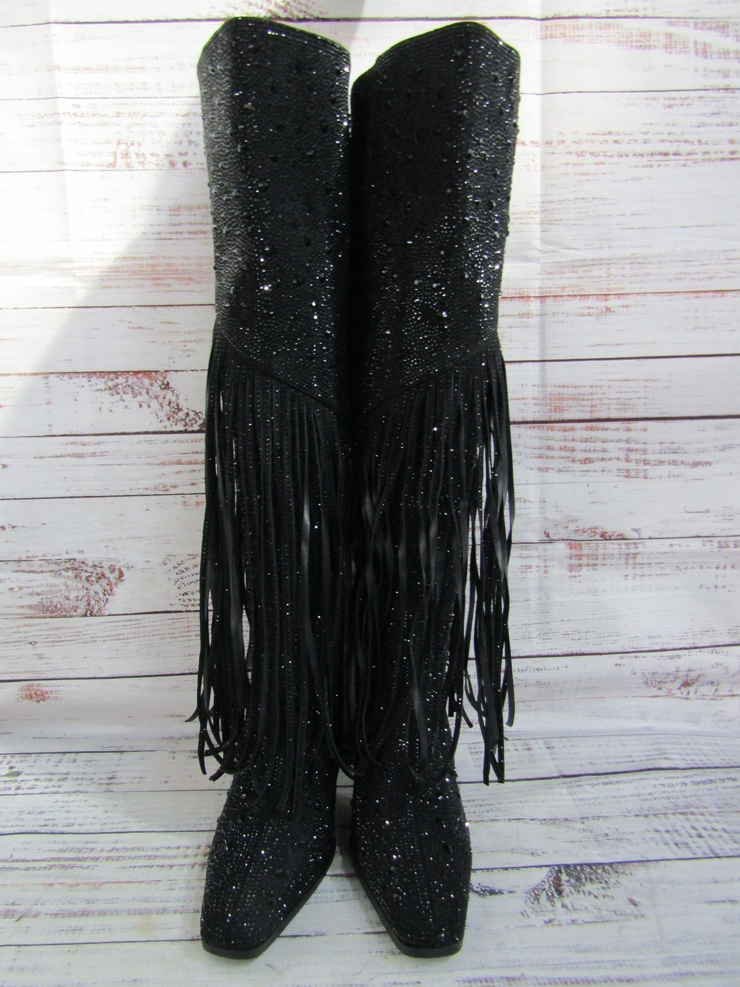 Ouepiano Women's Black Faux Leather Fringe Studded Western Boots Size 8