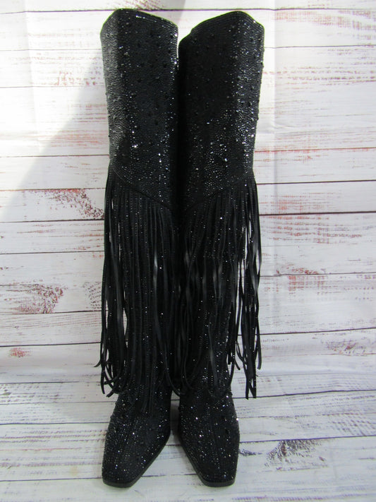 Ouepiano Women's Black Faux Leather Fringe Studded Western Boots Size 8