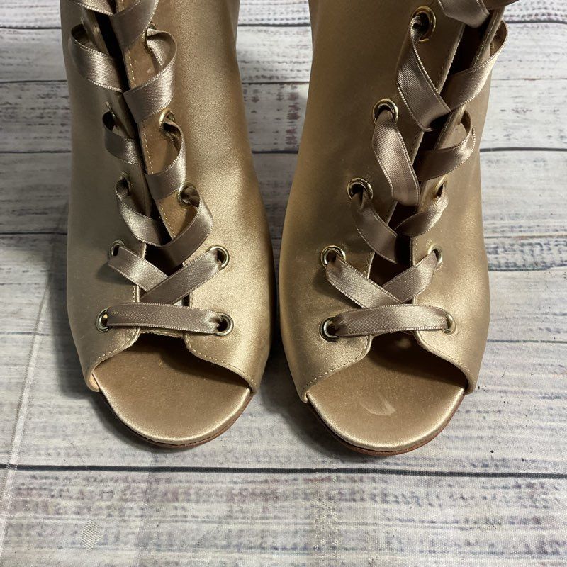 Gianvito Rossi Champagne Gold Satin Open Toe Ribbon Lace Stiletto Heel Women 36