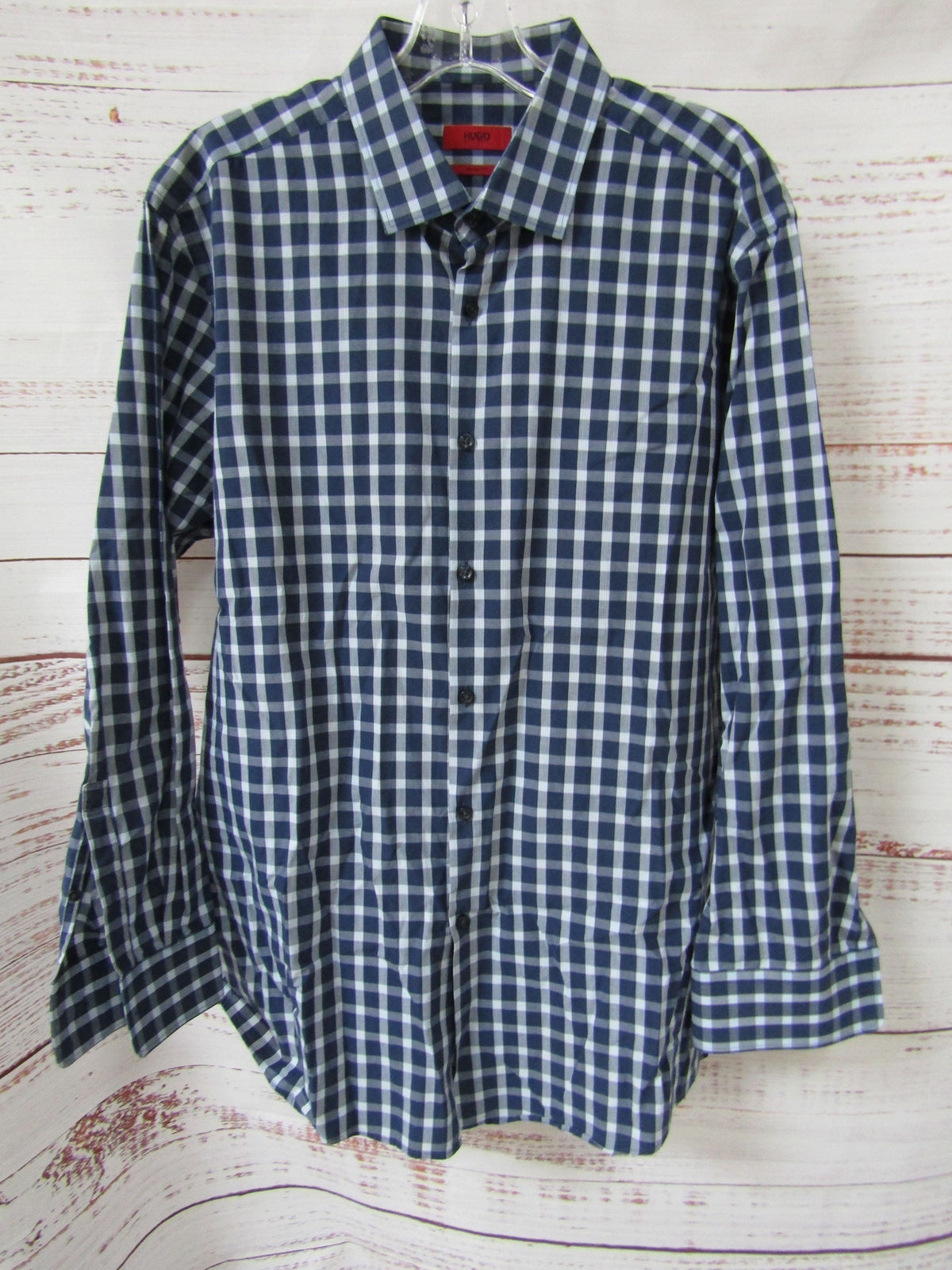 Hugo Boss Mabel Men's Blue Plaid Long Sleeve Shirt Size 17.5