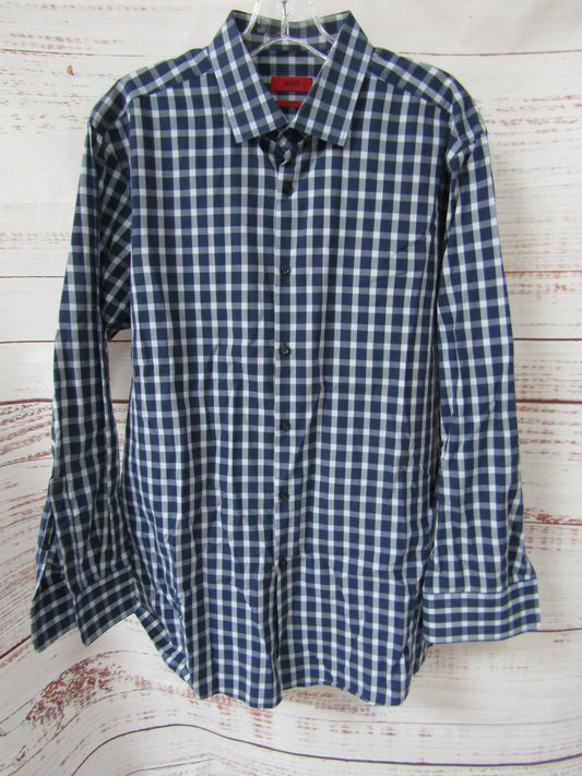 Hugo Boss Mabel Men's Blue Plaid Long Sleeve Shirt Size 17.5