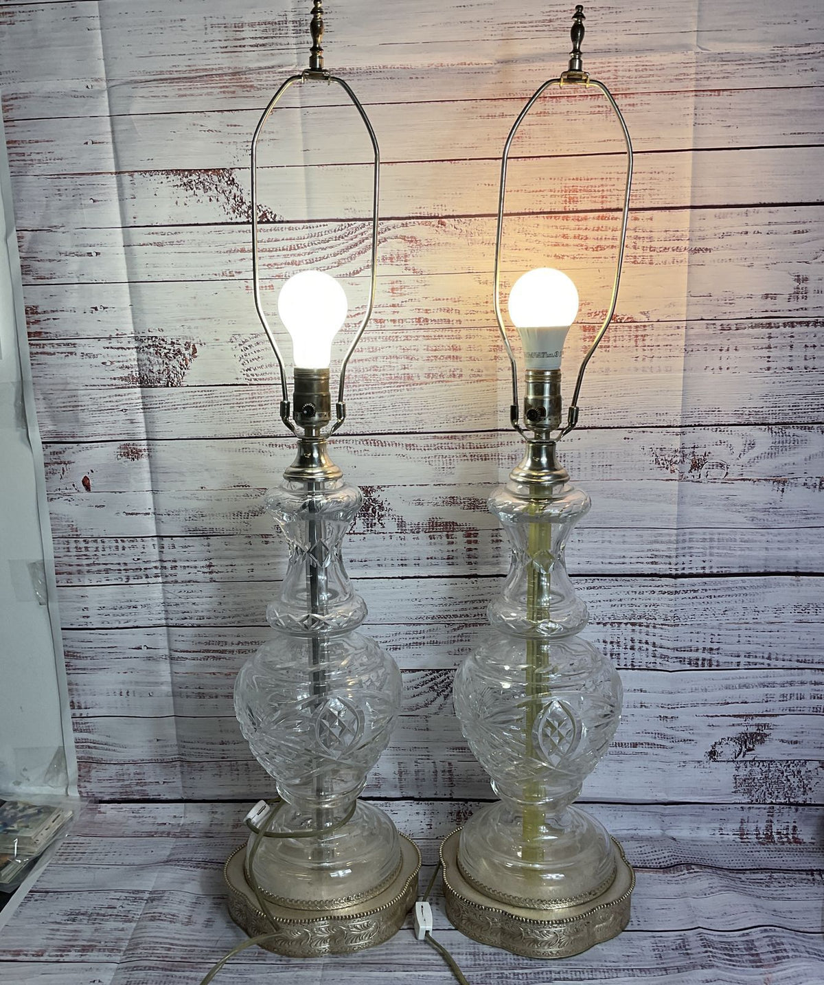 Pair of VTG. Mid Century Cut Crystal Table Lamps- 32" (NO SHADES)