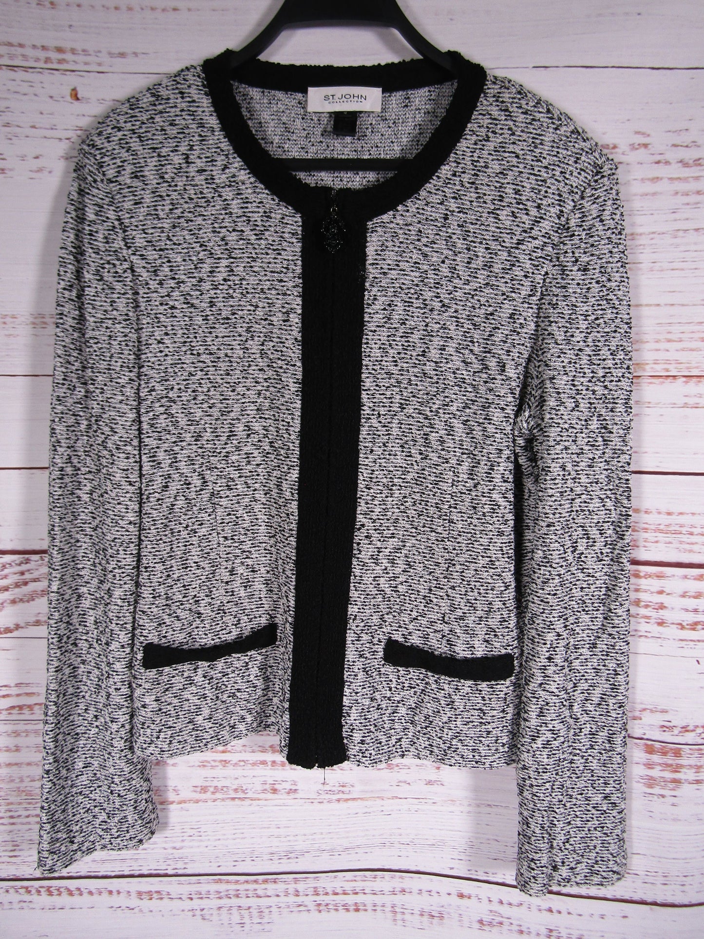 St. John Women's Black & White Full Zip Tweed Blazer Jacket Size 12