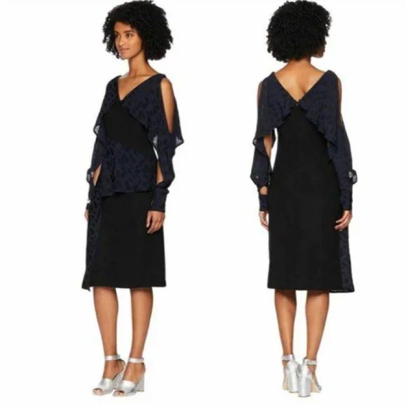 NEW Yigal Azrouel Black Dress Navy Abstract Geo Pattern Combo Dress Size 6