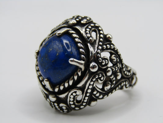 Carolyn Pollack Relios Ornate Sterling Silver Lapis Lazuli Cabochon Ring Sz 9.5