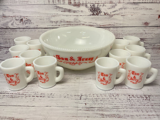 Mckee Tom & Jerry Milk Glass 12 Cups 1 Punch Eggnog Bowl 11" 12 Mugs