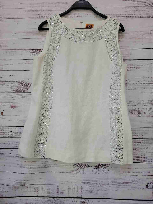 Women's Tory Burch White Linen Top w/beading Size 10