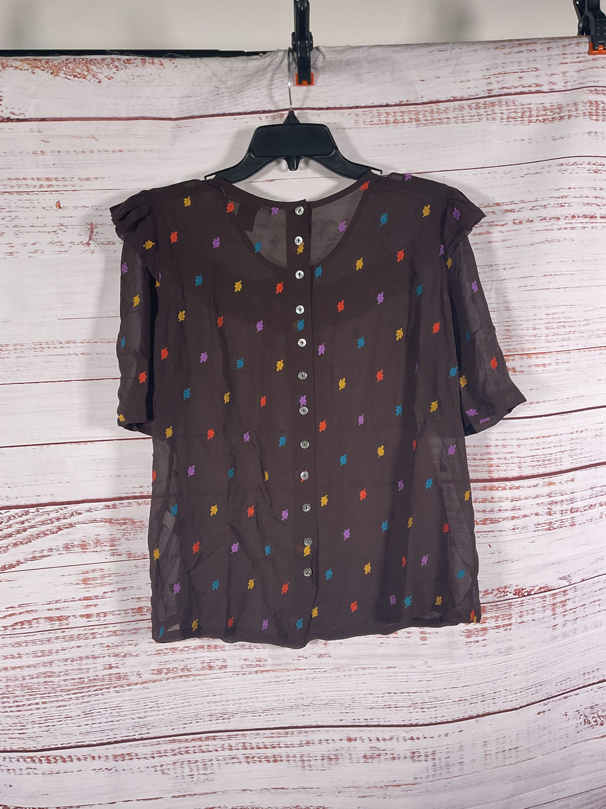 Marc Jacobs Brown Multicolor Leaves Sheer Short Sleeve Blouse - Size 10