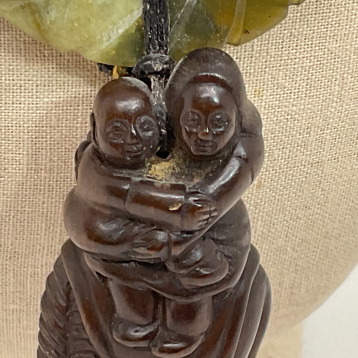 Signed ANTIQUE Japanese Carved Wood Netsuke and Jade Disc Pendant Necklace