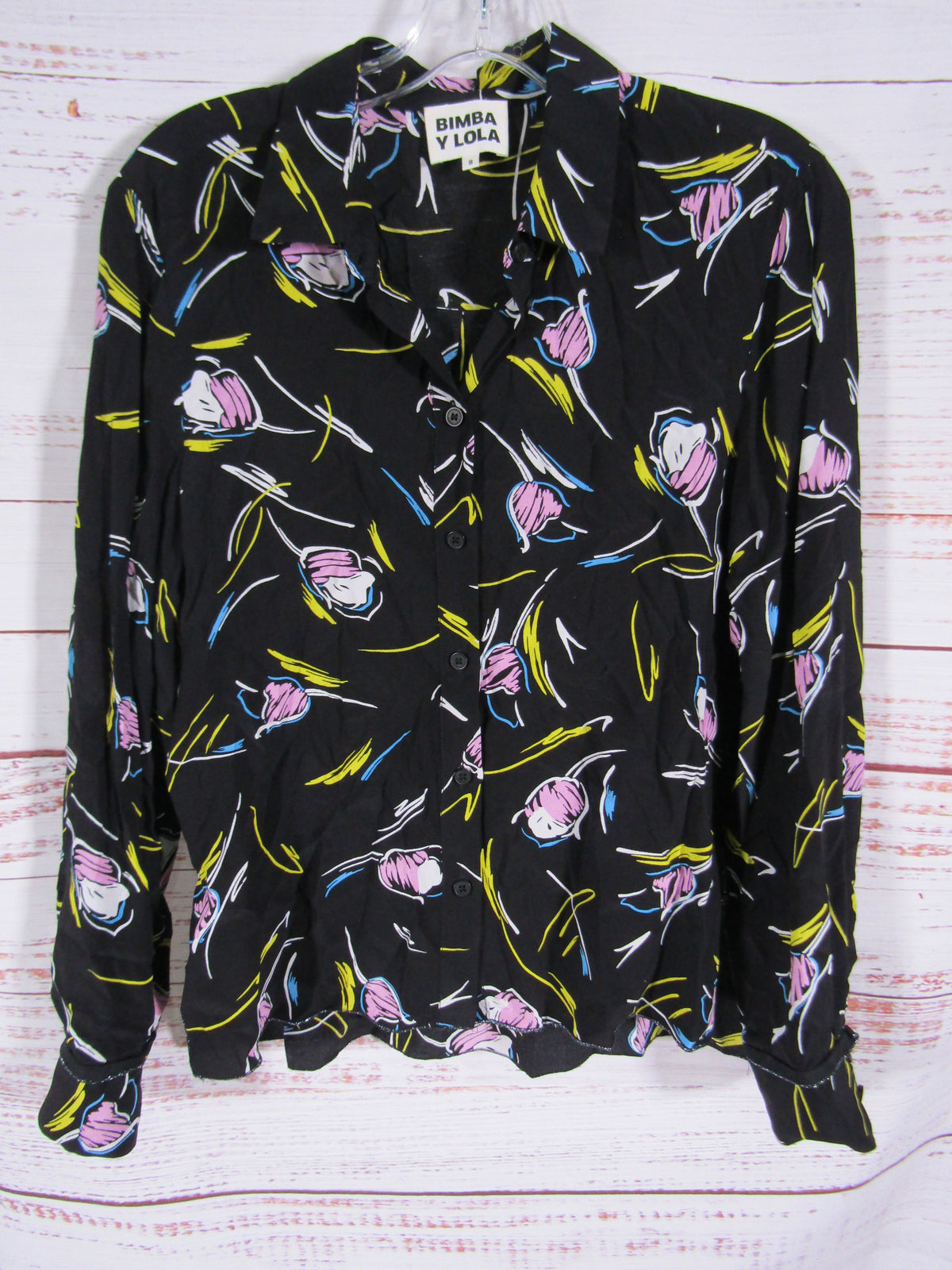 Bimba y Lola Women's Black Tulip Flower Blouse Size S