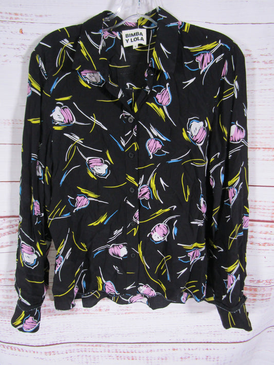 Bimba y Lola Women's Black Tulip Flower Blouse Size S