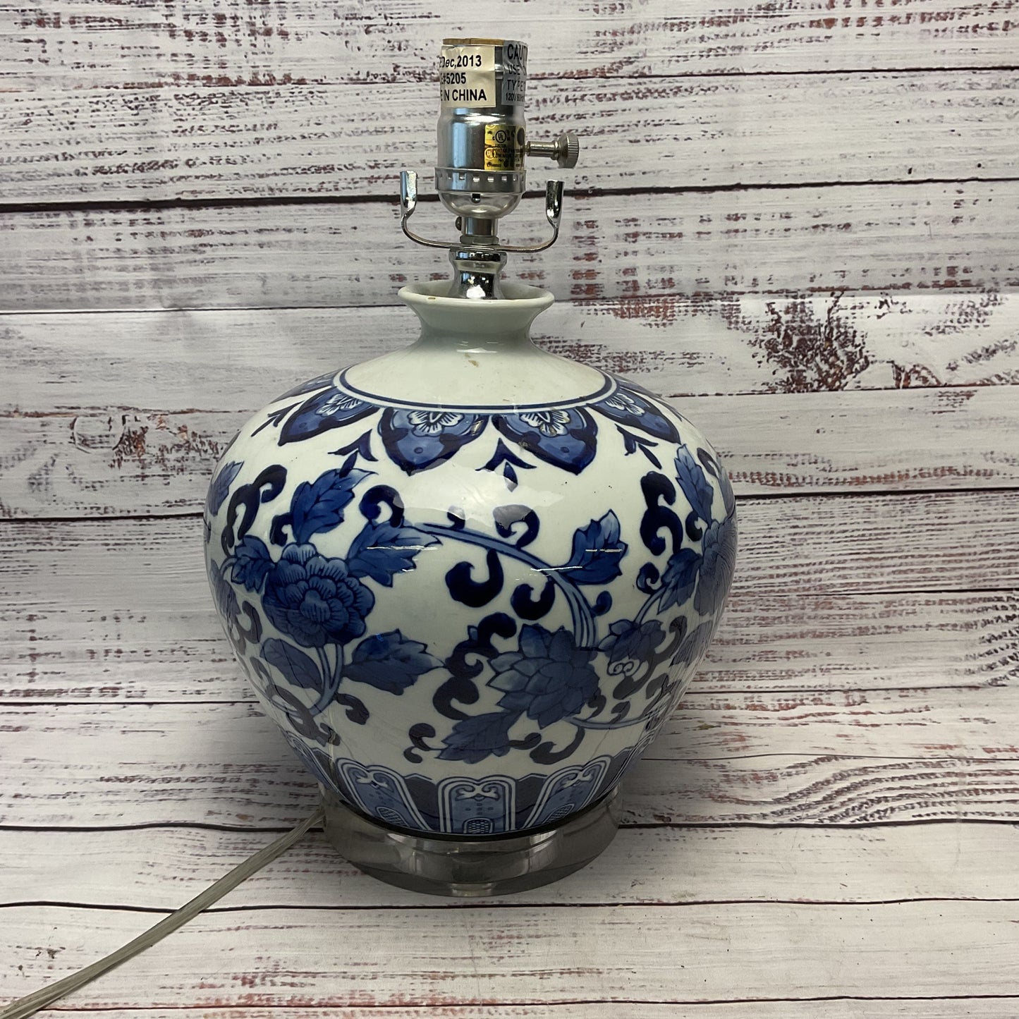 Chinoiserie Blue White Vase Style Lamp Clear Glass Base Working 13"