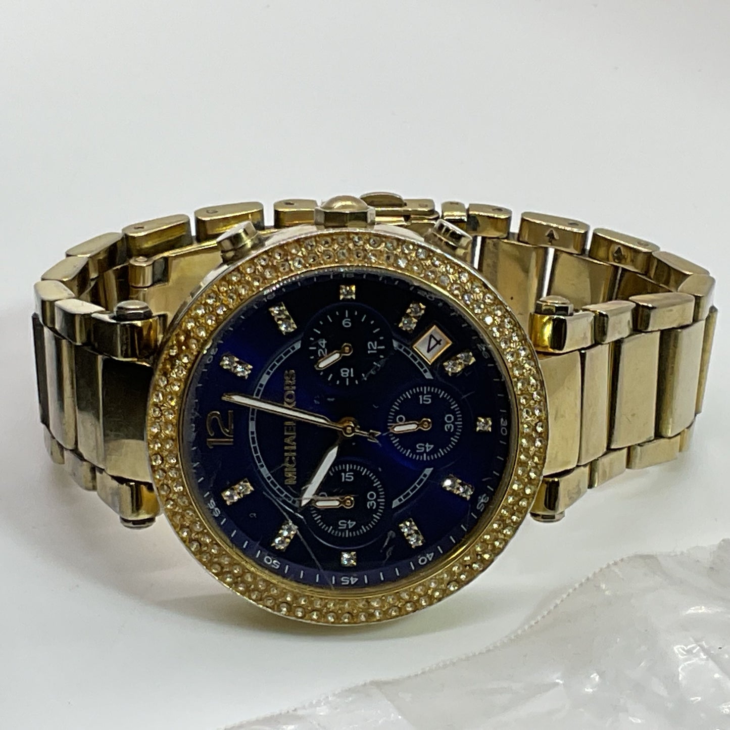 MICHAEL KORS MK6262 Gold Tone Rhinestone Blue Face Dial Watch- 6.75"