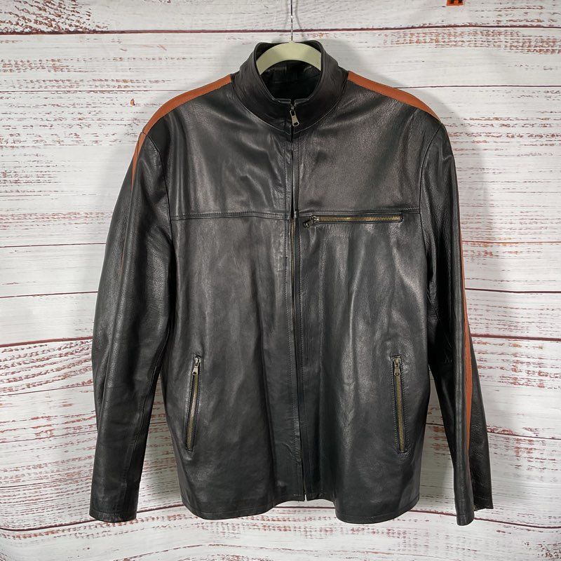Vera Pelle Black Leather Brown Racing Stripe Full Zip Biker Jacket - Size 46