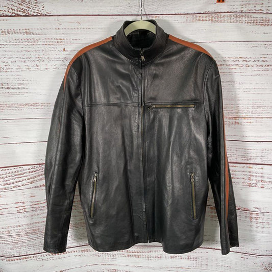 Vera Pelle Black Leather Brown Racing Stripe Full Zip Biker Jacket - Size 46