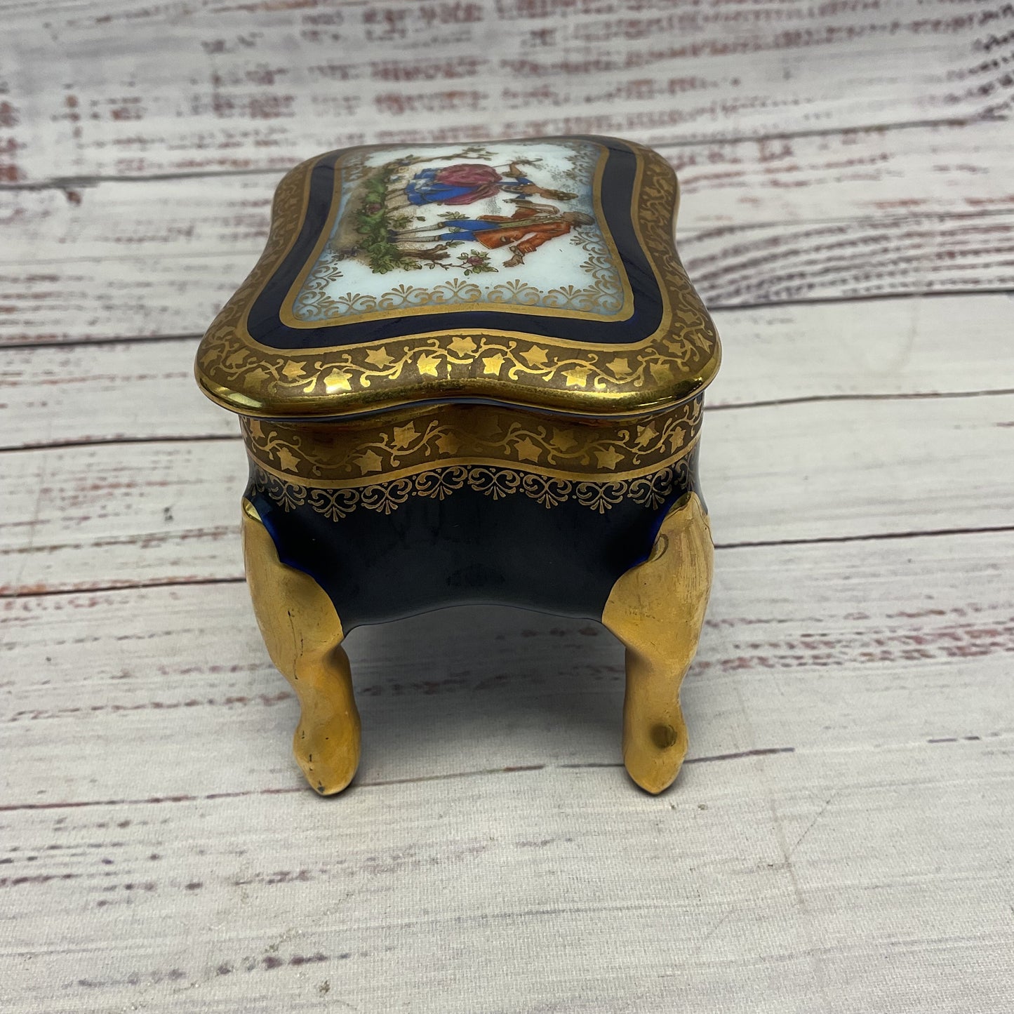 Limoges France Cobalt Blue Gilded Porcelain Ceramic Trinket Box 3"x3.5"x2.5"