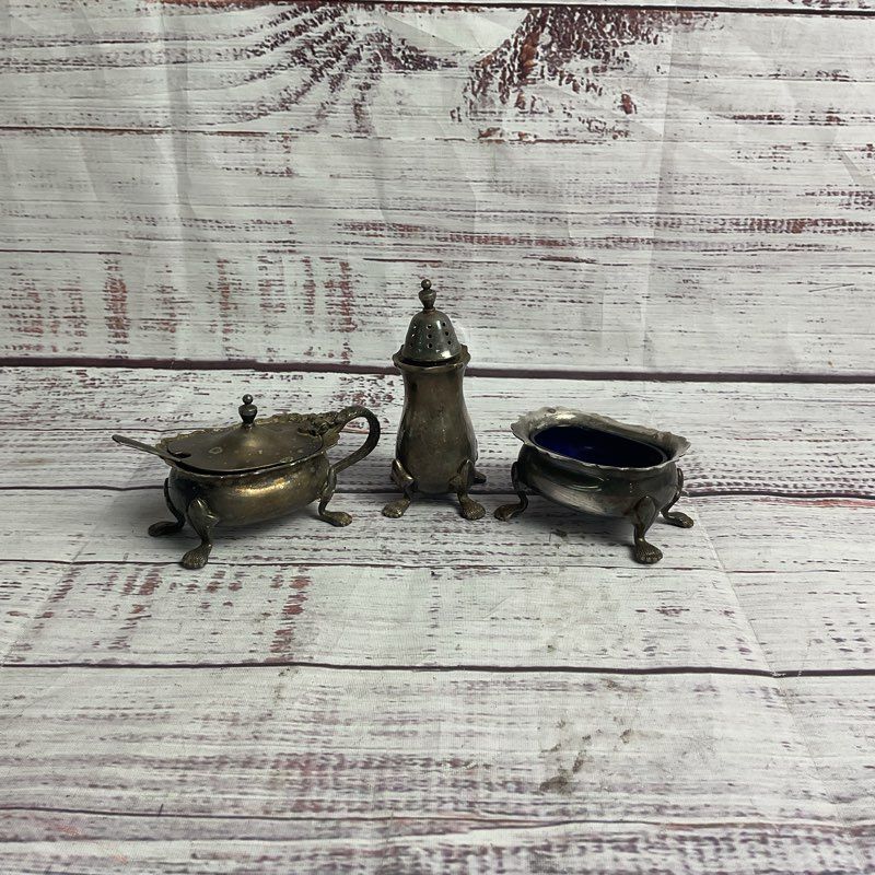 Strachan EPNS & Cobalt Glass Footed Muffineer Set (Salt, Pepper, Mustard)