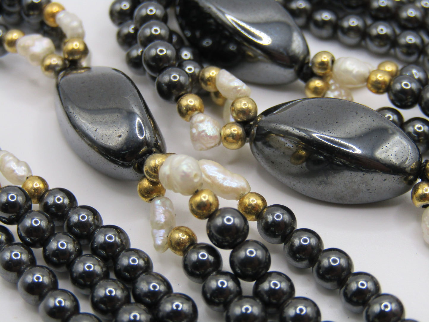 Beaded Hematite Rice Pearl Necklace