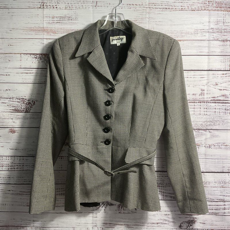 Privilege Paris 100% Wool Houndstooth Belted Notch Lapel Blazer Jacket - Size 4
