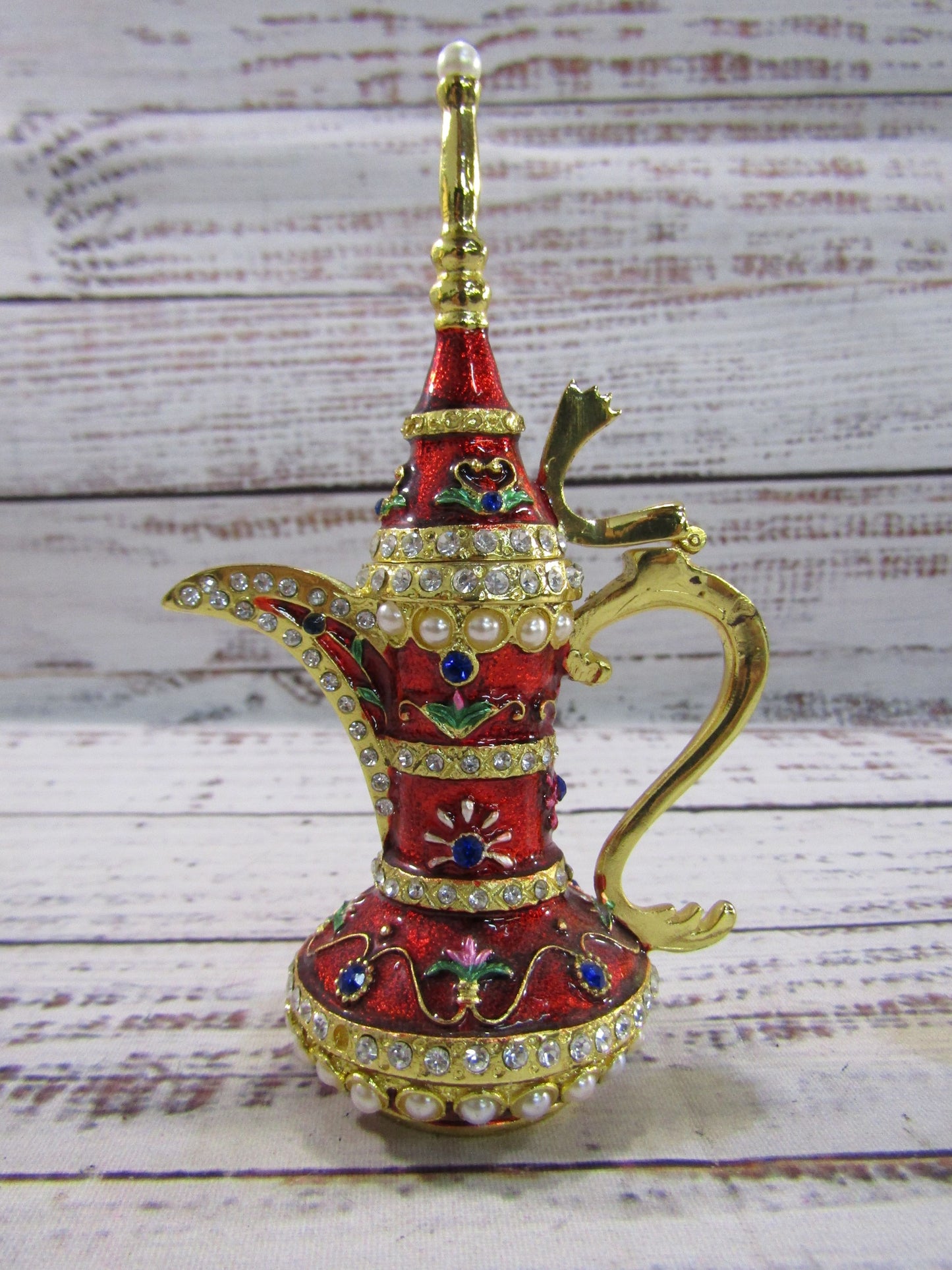 Ornate Gold Plated Red Enamel Dallah Ibrik Trinket Box Set of 2