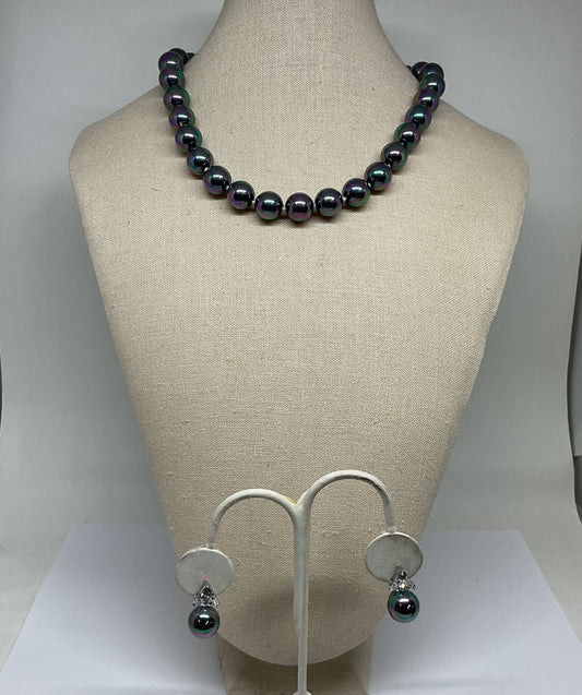 DR Sterling Silver Clasp Glass Beaded Necklace & Stud Earrings Set