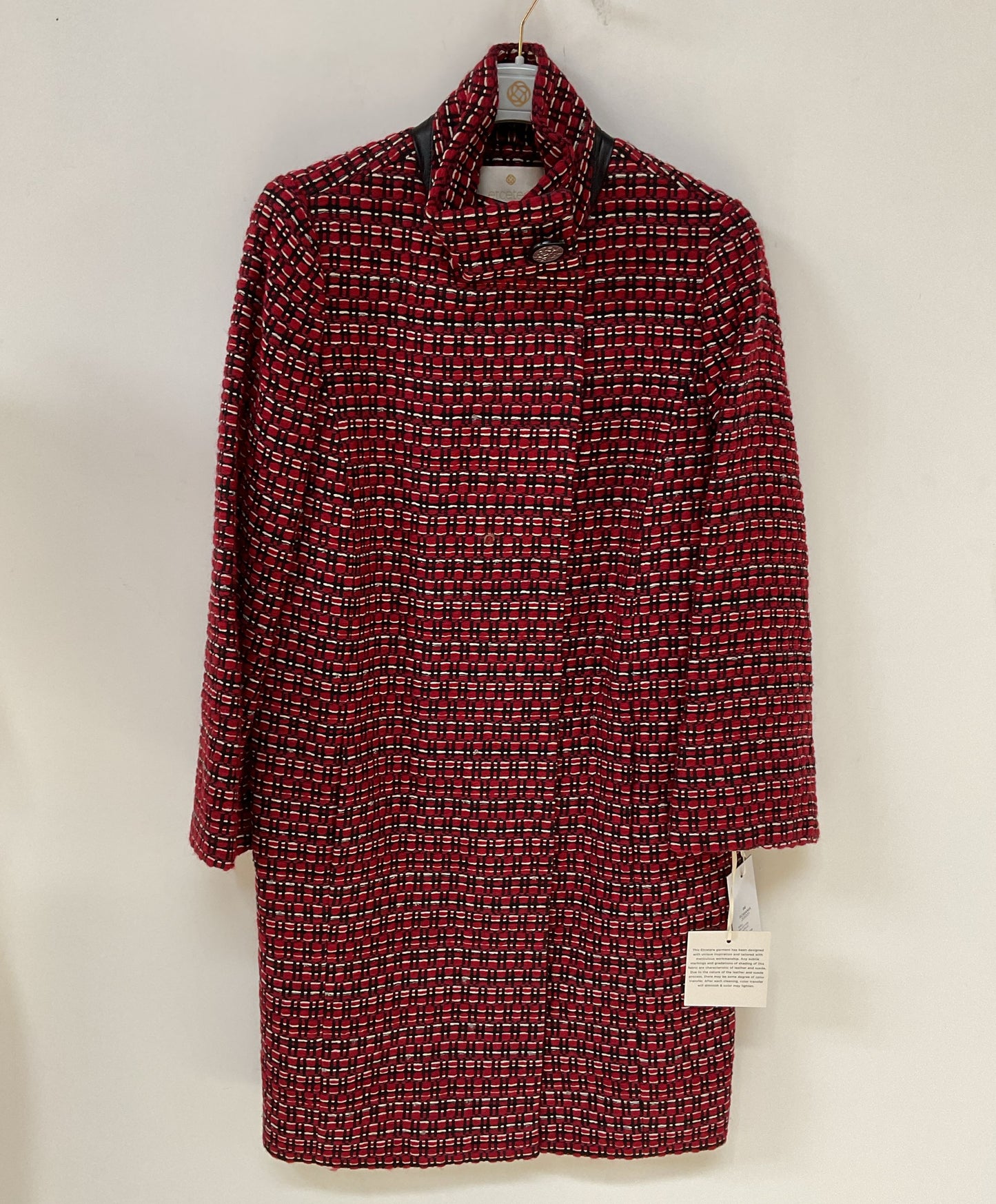 NWT Women's Etcetera Red Houndstooth Coat w/ Leather trim Size 4
