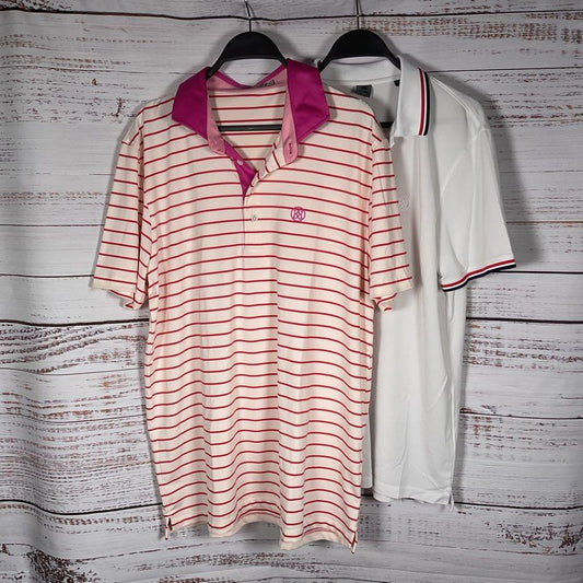 Lot of 2 G/Fore White & Red Stripe Polo Shirts (1 XL, 1 L)