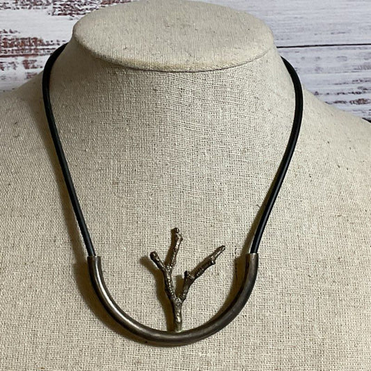VTG. Modernist Sterling Silver Branch & Black Rubber 19" Necklace