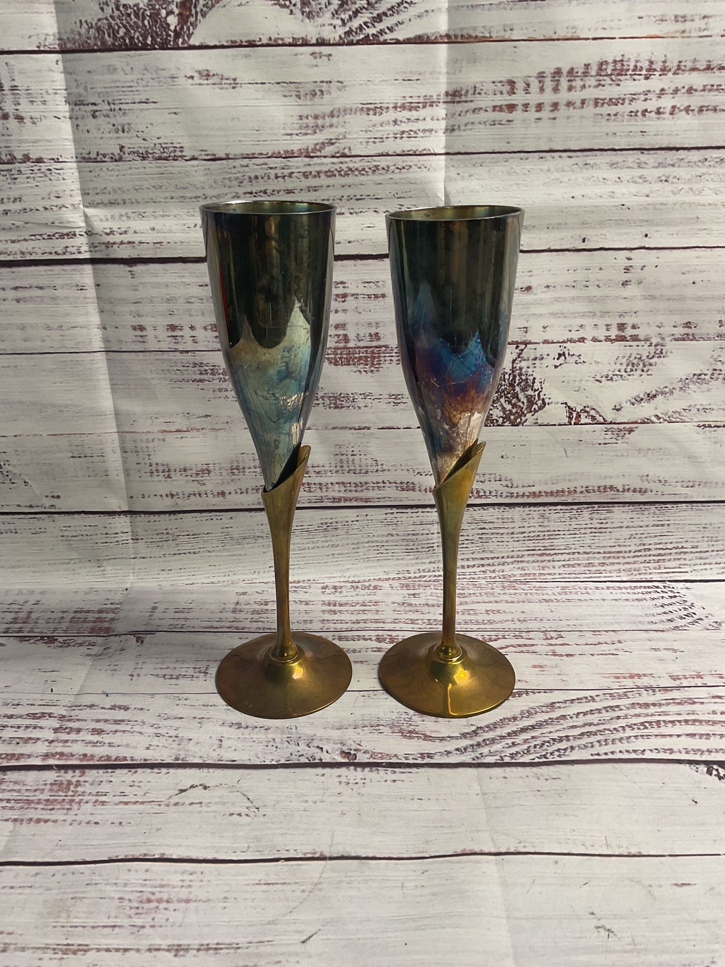 Pair Of Silver Plated And Brass Champagne Flute Glasses