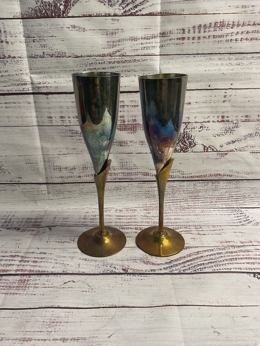 Pair Of Silver Plated And Brass Champagne Flute Glasses