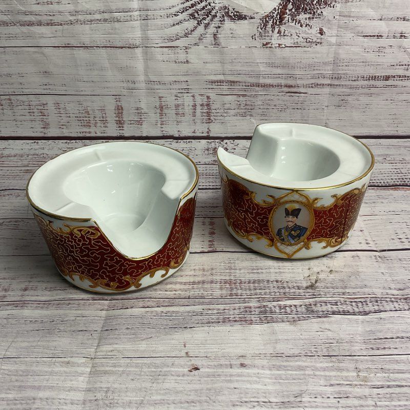 Mozaffar Ad Din Shah Qajar Portrait 2 Pc Persian Porcelain Ashtray/Pipe Rest Set