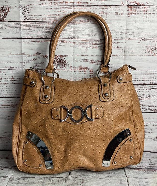 Guess Vintage Faux Leather Ostrich Embossed Shoulder Bag Brown