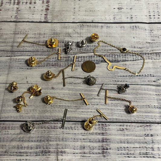 16 pc. Mixed Lot Men's Tie Pins/Chains Metal Costume Jewelry *READ DESC*