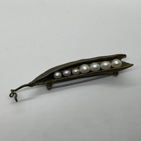 VTG. MICHAEL MICHAUD 7 Pearl Peapod Brooch Hand Patina Bronze- 3.25"